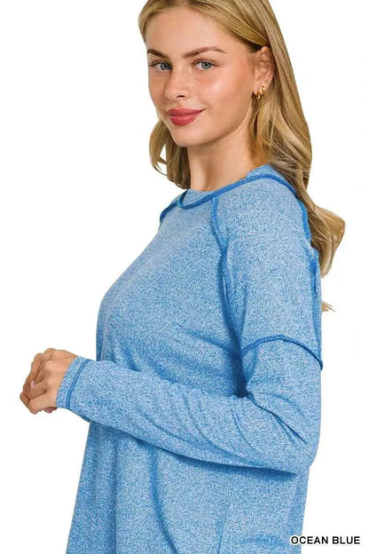 Zenana Full Size Melange Hacci Exposed Seam Hi-low Tee Plus Size