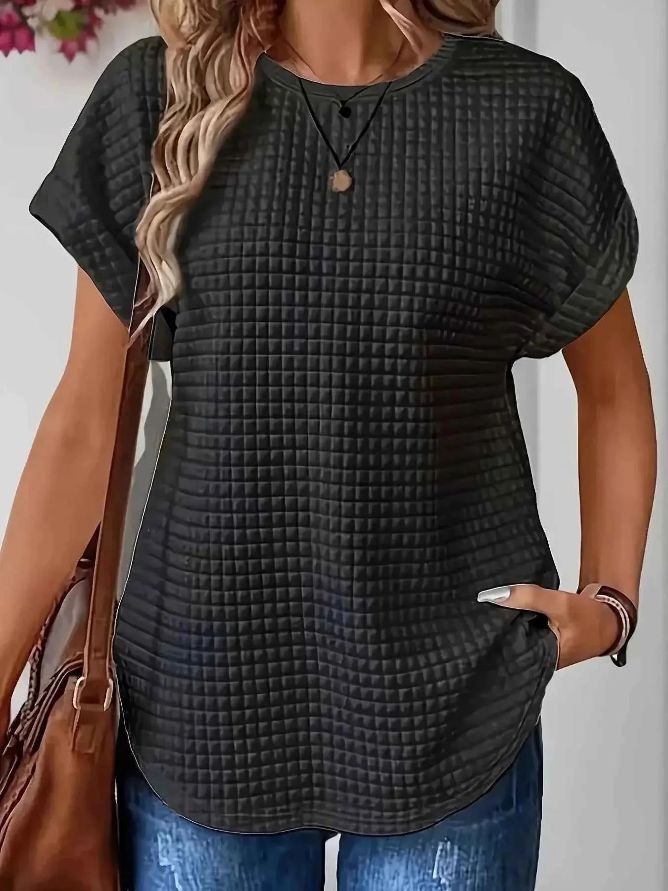 Plus Size Textured Round Neck Short Sleeve Top