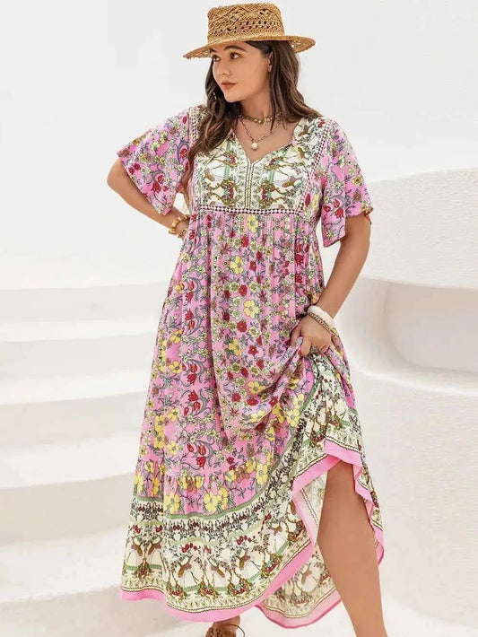 Plus Size Floral Tie Neck Flutter Sleeve Maxi Dress