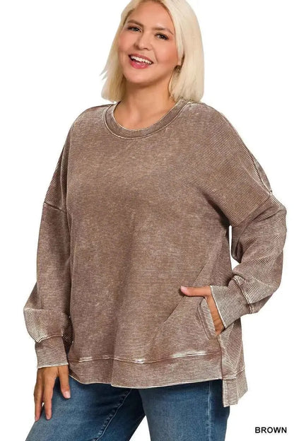 Zenana Full Size Acid Washed Double Ribbed Hi-low Sweatshirt Plus Size
