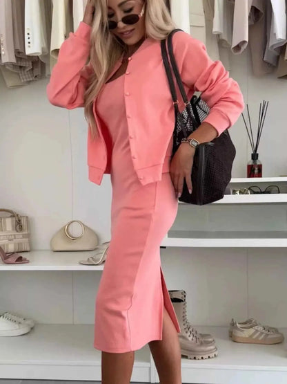 Full Size Slit Square Neck Dress and Outerwear Set Plus Size