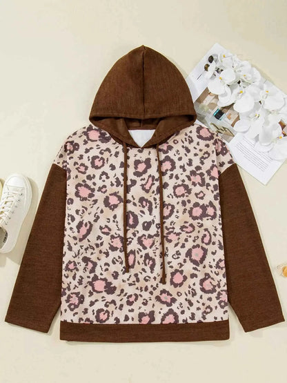 Plus Size Leopard Long Sleeve Drawstring Hoodie