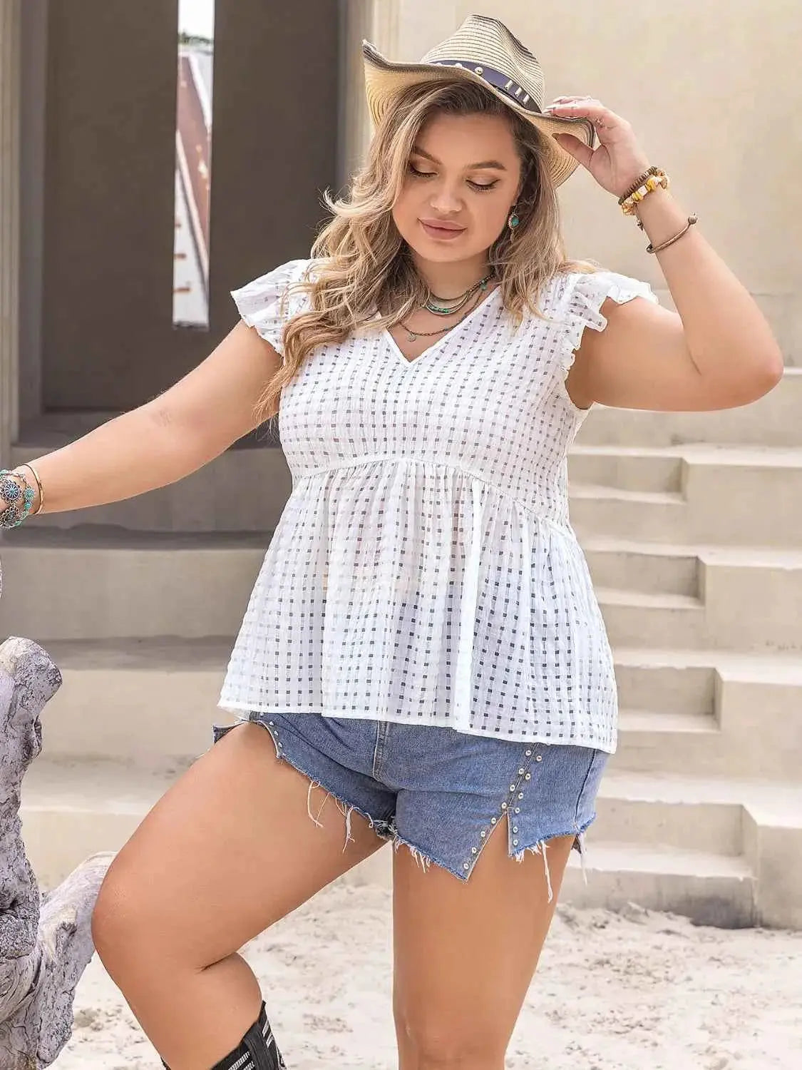 Plus Size V-Neck Cap Sleeve Blouse