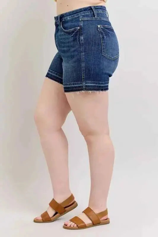 Judy Blue Plus Size HW Tummy Control Destroy Release Hem Denim Shorts