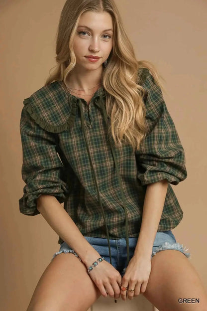 Umgee Full Size Plaid Ruffle Collar Blouse Plus Size