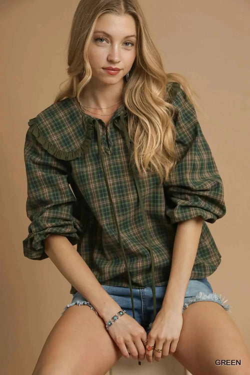 Umgee Full Size Plaid Ruffle Collar Blouse Plus Size