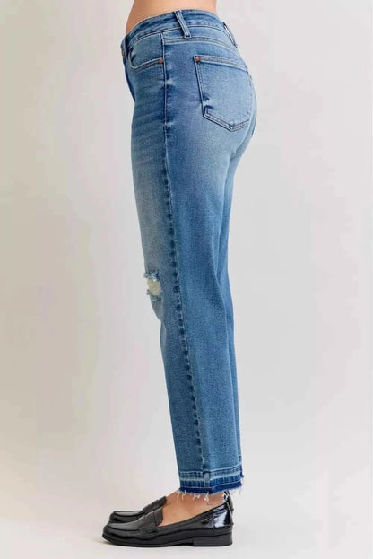 Judy Blue Full Size Mid Rise Bf Patch & Repair Destroy Release Hem Jeans Plus Size