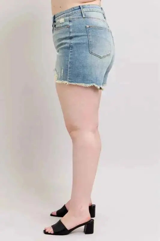 Judy Blue Plus Size High Rise Washed Fly Stitch Detail and Destroy Denim Shorts