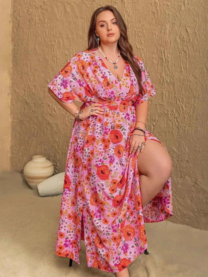 Plus Size Slit Floral V-Neck Half Sleeve Maxi Dress
