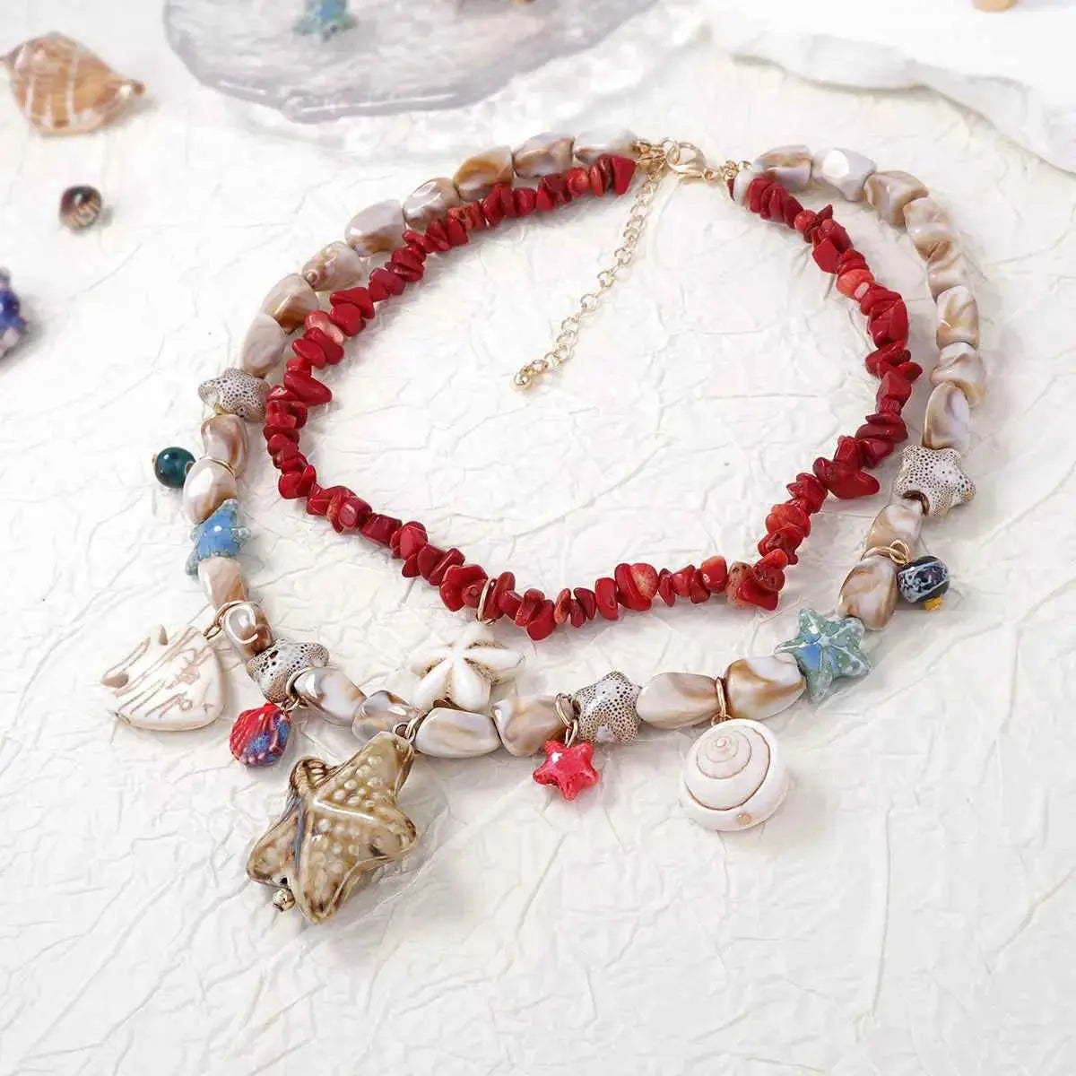 Boho Layered Multi-Strand Beach Shell Charm Necklace