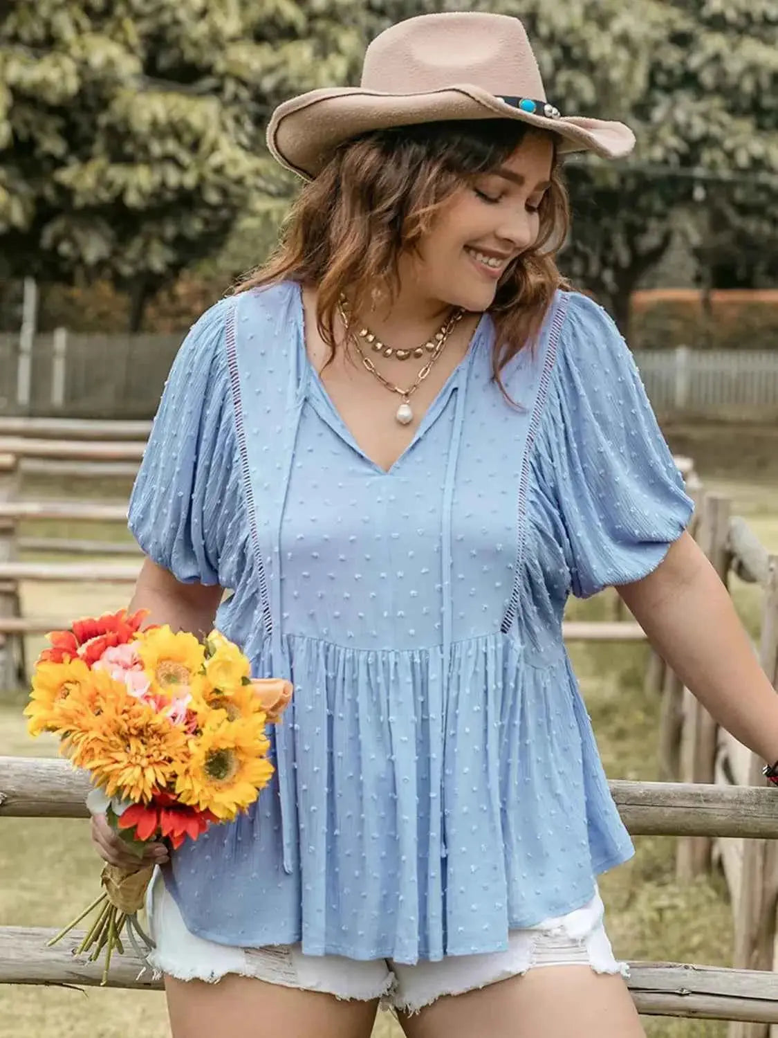 Plus Size Swiss Dot Tie Neck Short Sleeve Blouse