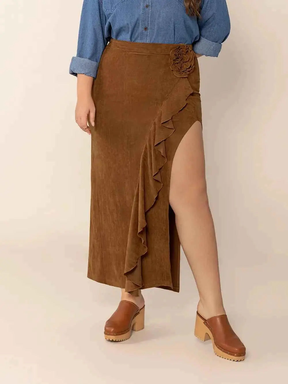 Plus Size Ruffled Slit High Rise Skirt