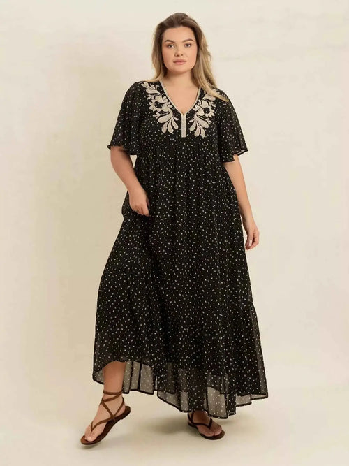 Plus Size Printed V-Neck Flutter Sleeve Maxi Dress