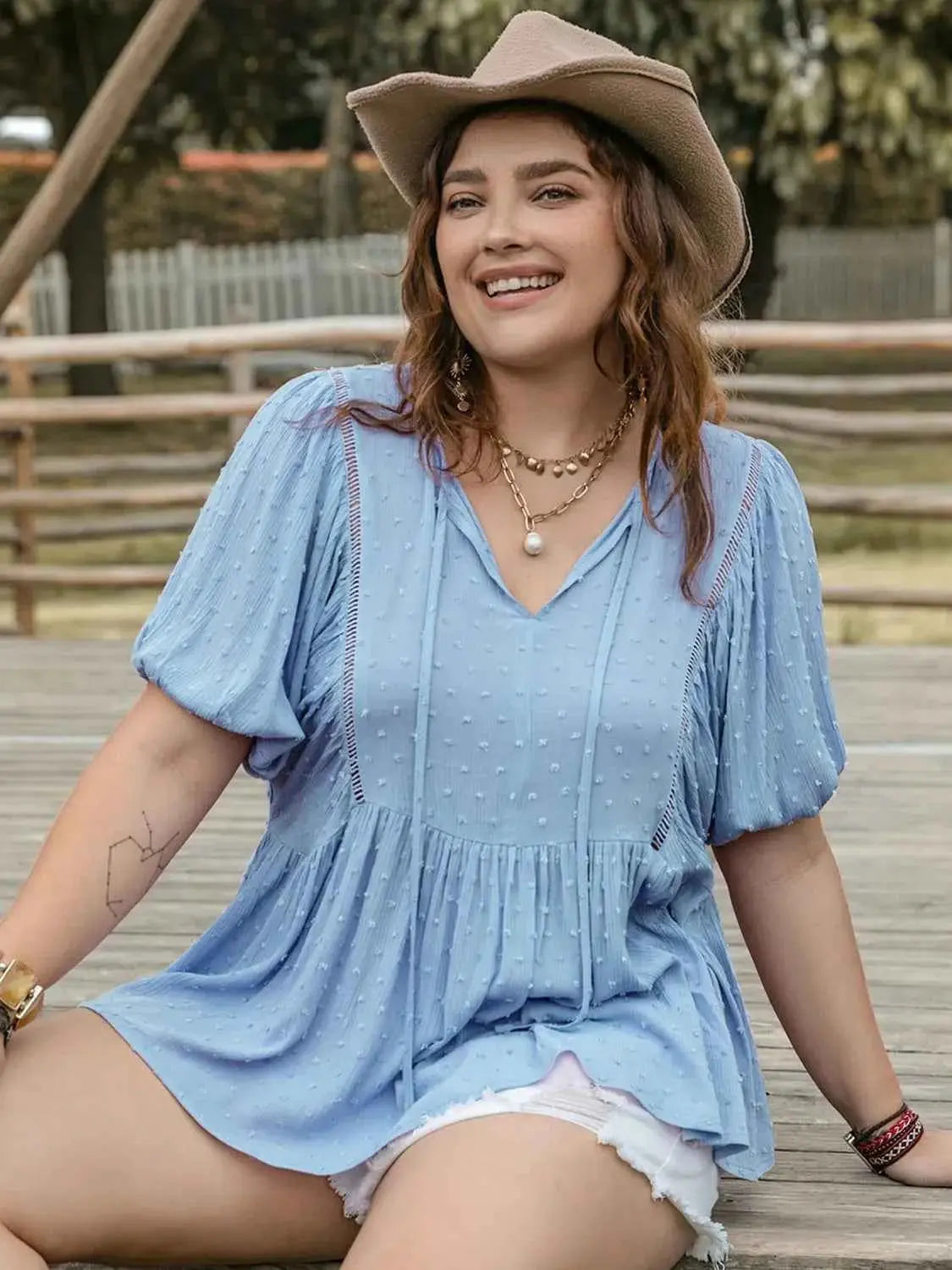 Plus Size Swiss Dot Tie Neck Short Sleeve Blouse