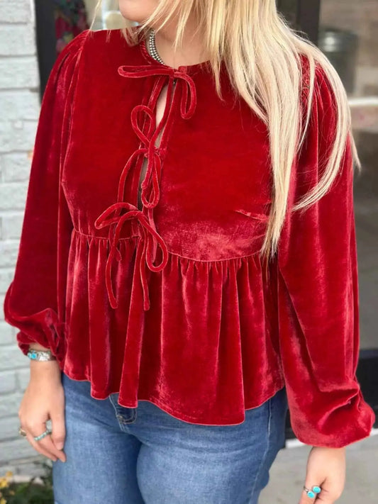 Plus Size Tie Front Velvet Peplum Blouse