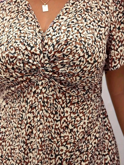 Plus Size Printed V-Neck Short Sleeve Midi Dress