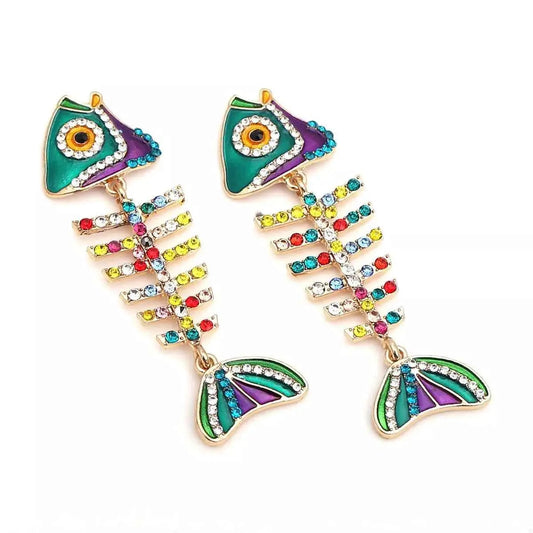 Rhinestone Colorful Fish Bone Statement Earrings