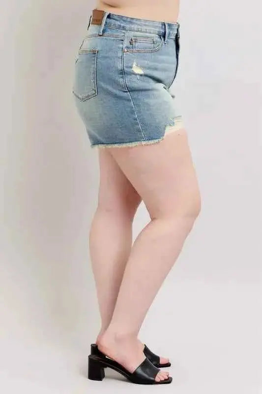 Judy Blue Plus Size High Rise Washed Fly Stitch Detail and Destroy Denim Shorts