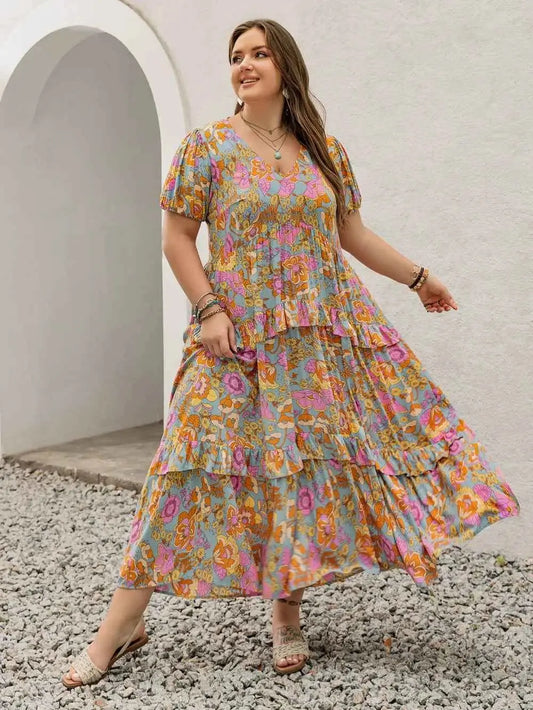 Plus Size Printed V-Neck Short Sleeve Maxi Dress