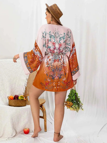 Plus Size Tied Open Front Printed Cover Up
