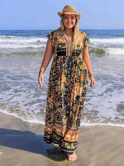 Plus Size Printed V-Neck Ruffle Cap Sleeve Maxi Dress
