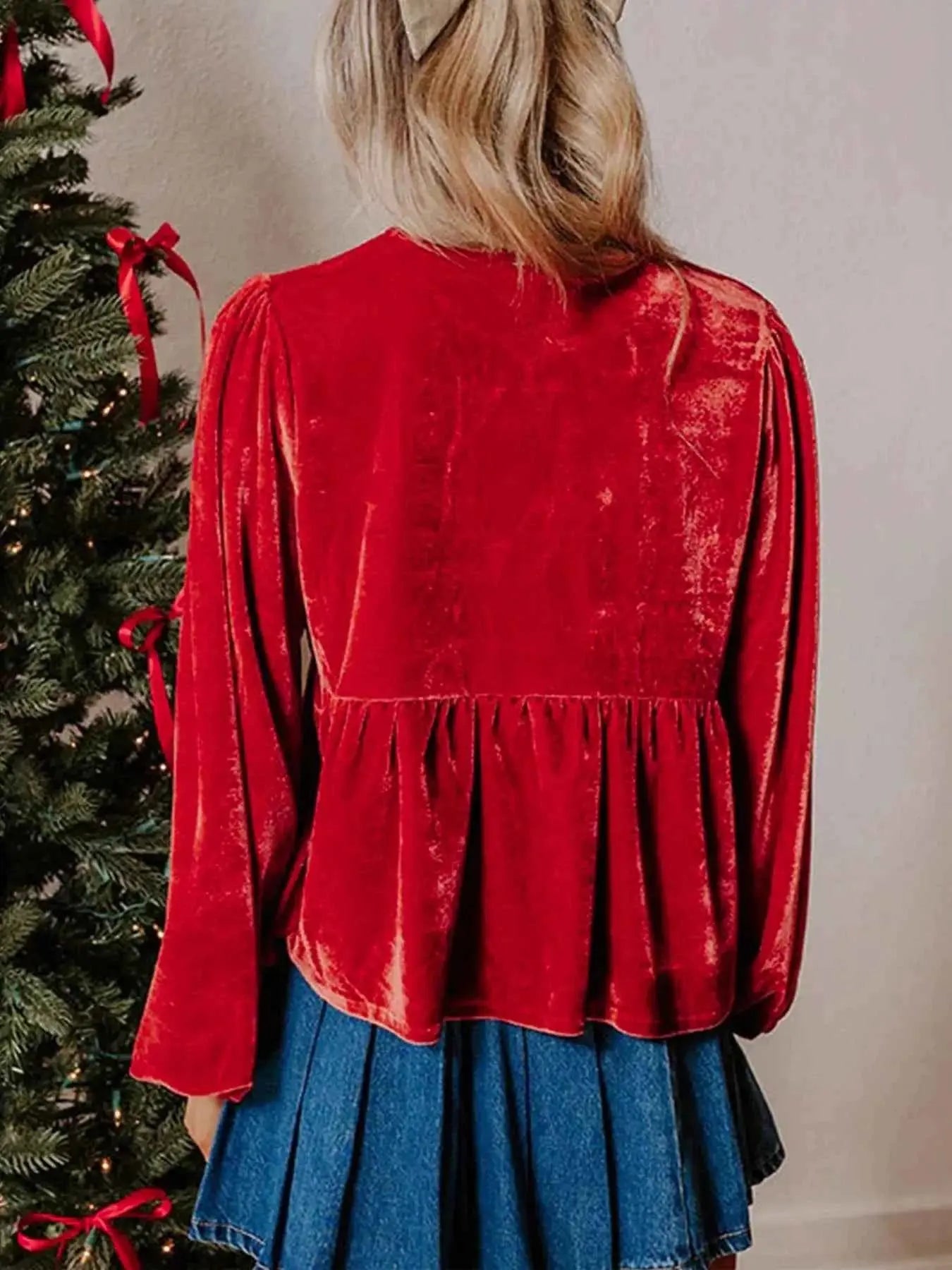 Plus Size Tie Front Velvet Peplum Blouse
