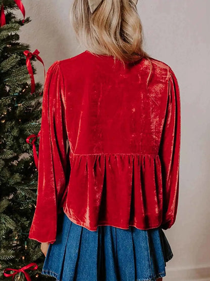 Plus Size Tie Front Velvet Peplum Blouse