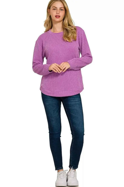 Zenana Full Size Raised Rib Round Neck Long Sleeve Top Plus Size