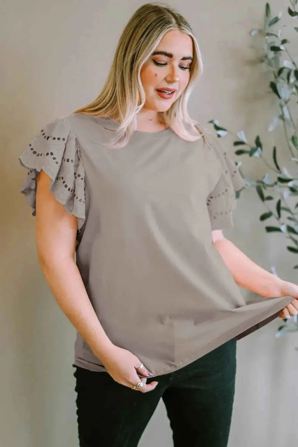 Plus Size Eyelet Round Neck Short Sleeve Blouse