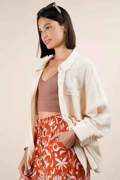 VERY J Plus Size Dolman Sleeve Button Down Gauze Shirt