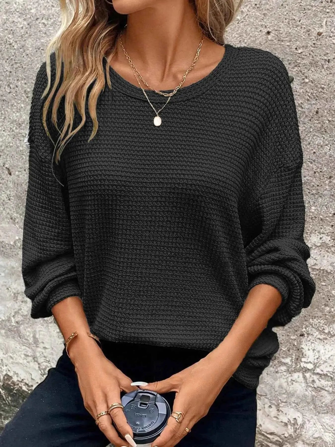 Plus Size Relaxed Fit Waffle Knit Round Neck T-Shirt