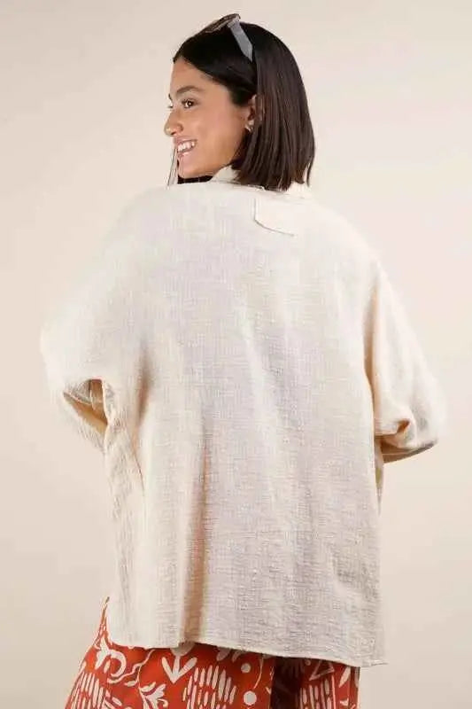 VERY J Plus Size Dolman Sleeve Button Down Gauze Shirt