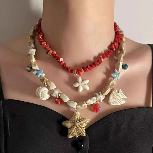 Boho Layered Multi-Strand Beach Shell Charm Necklace
