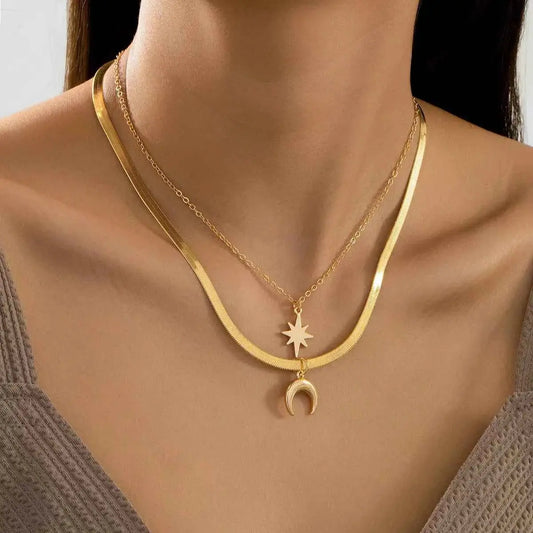2 Piece 18K Gold-Plated Moon & Star Necklace