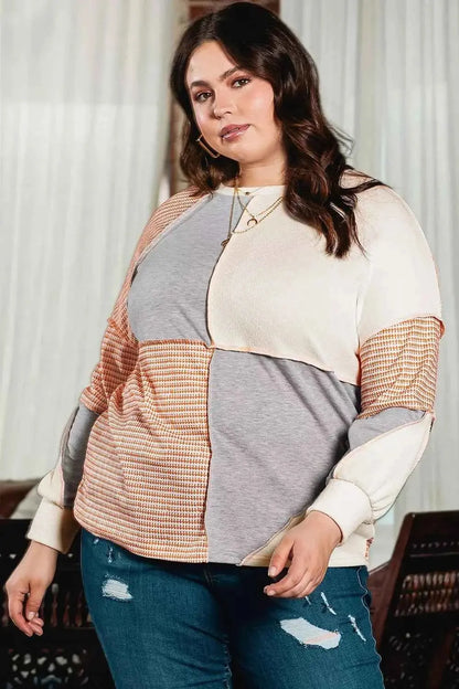 Plus Size Exposed Seam Color Block Round Neck Sweatshirt