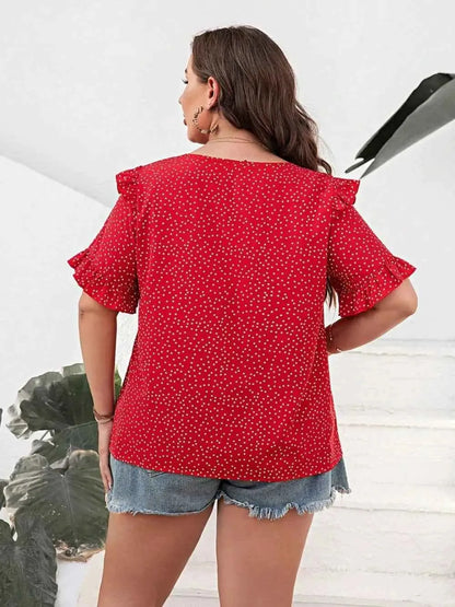Plus Size Polka Dot Notched Flounce Sleeve Blouse