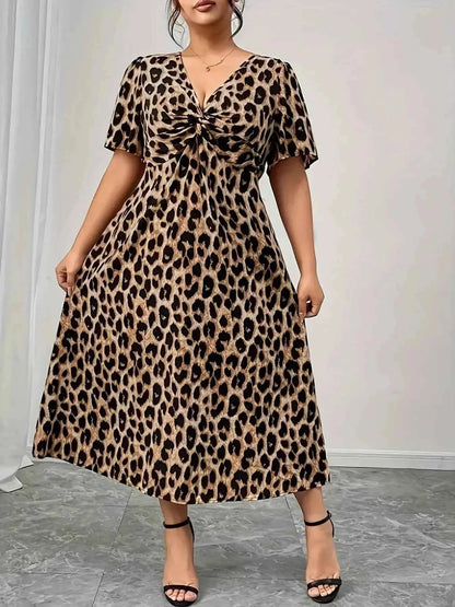 Plus Size Twisted Front Leopard Short Sleeve Dress
