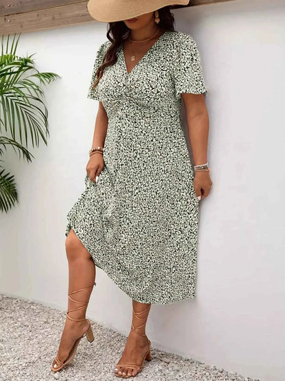 Plus Size Printed V-Neck Short Sleeve Midi Dress