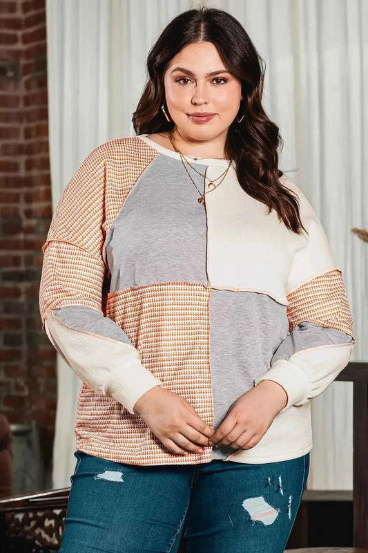 Plus Size Exposed Seam Color Block Round Neck Sweatshirt