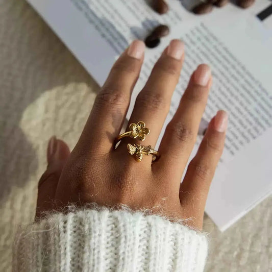 18K Gold-Plated Flower Bee Open Ring