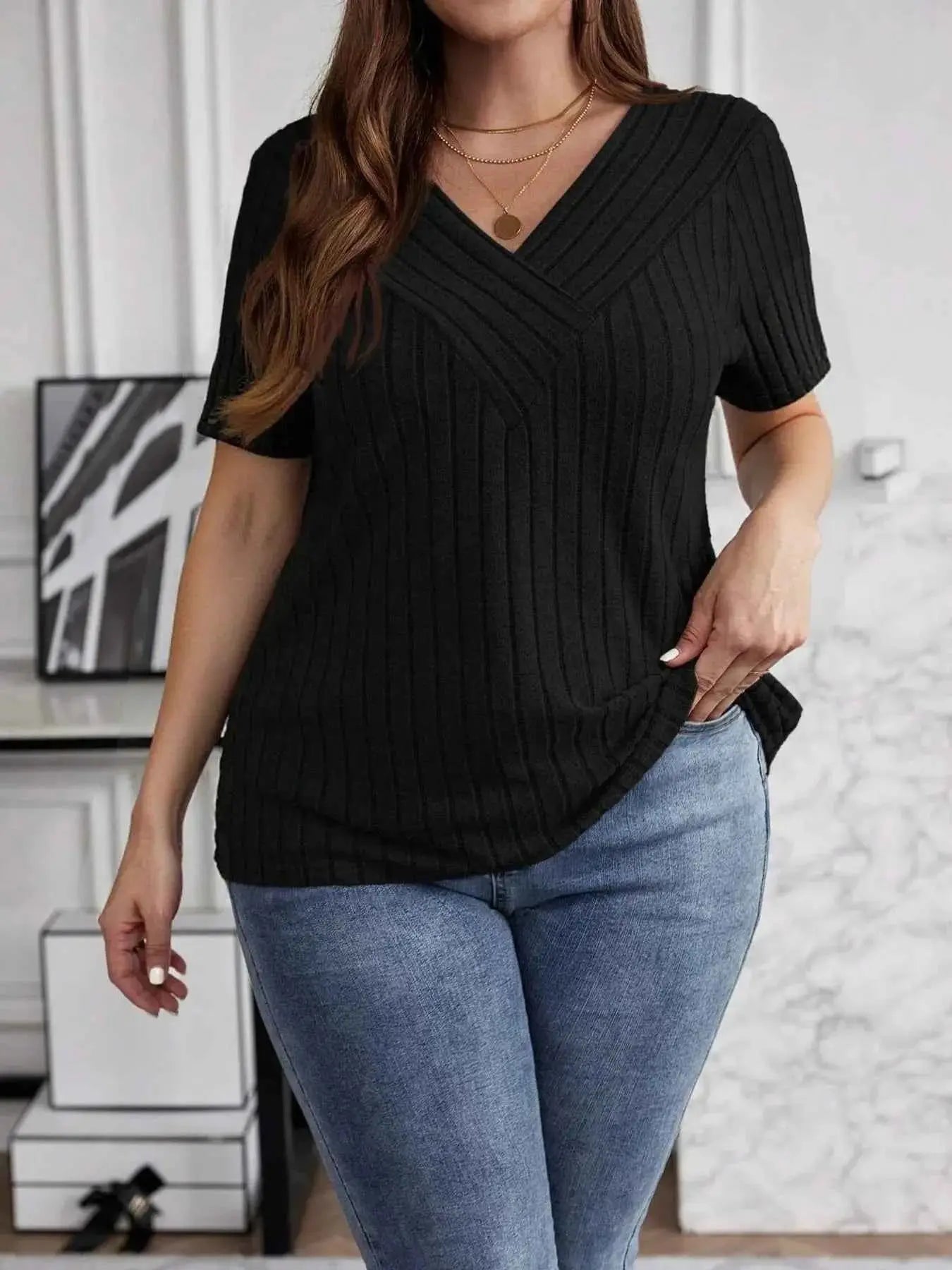 Plus Size V-Neck Short Sleeve Ribbed T-Shirt