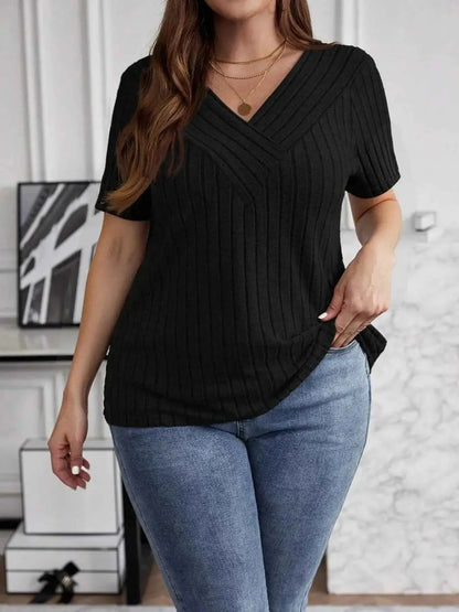 Plus Size V-Neck Short Sleeve Ribbed T-Shirt