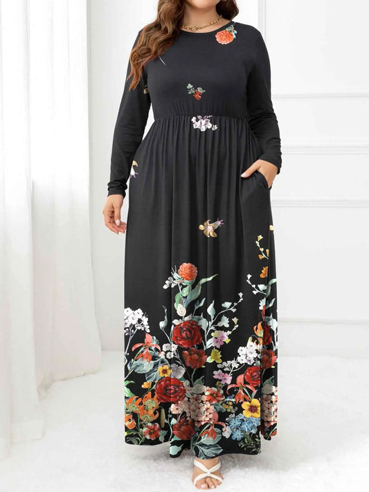 Plus Size Round Neck Maxi Dress with Pockets