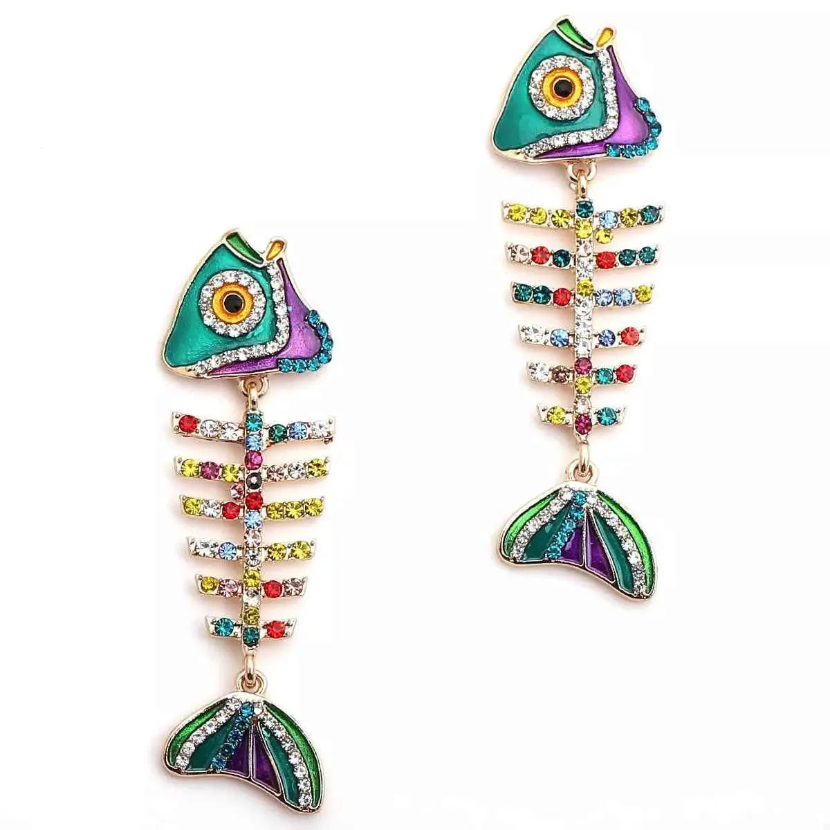 Rhinestone Colorful Fish Bone Statement Earrings