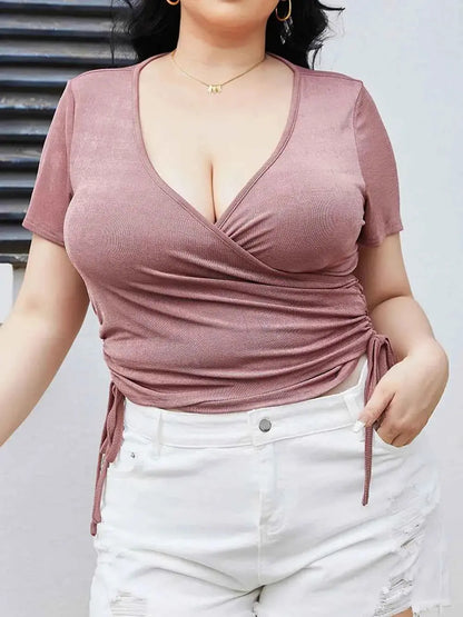 Plus Size Ruched Tied Surplice Blouse