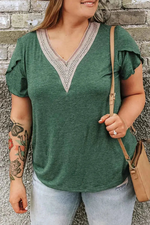 Plus Size V-Neck Petal Sleeve Blouse