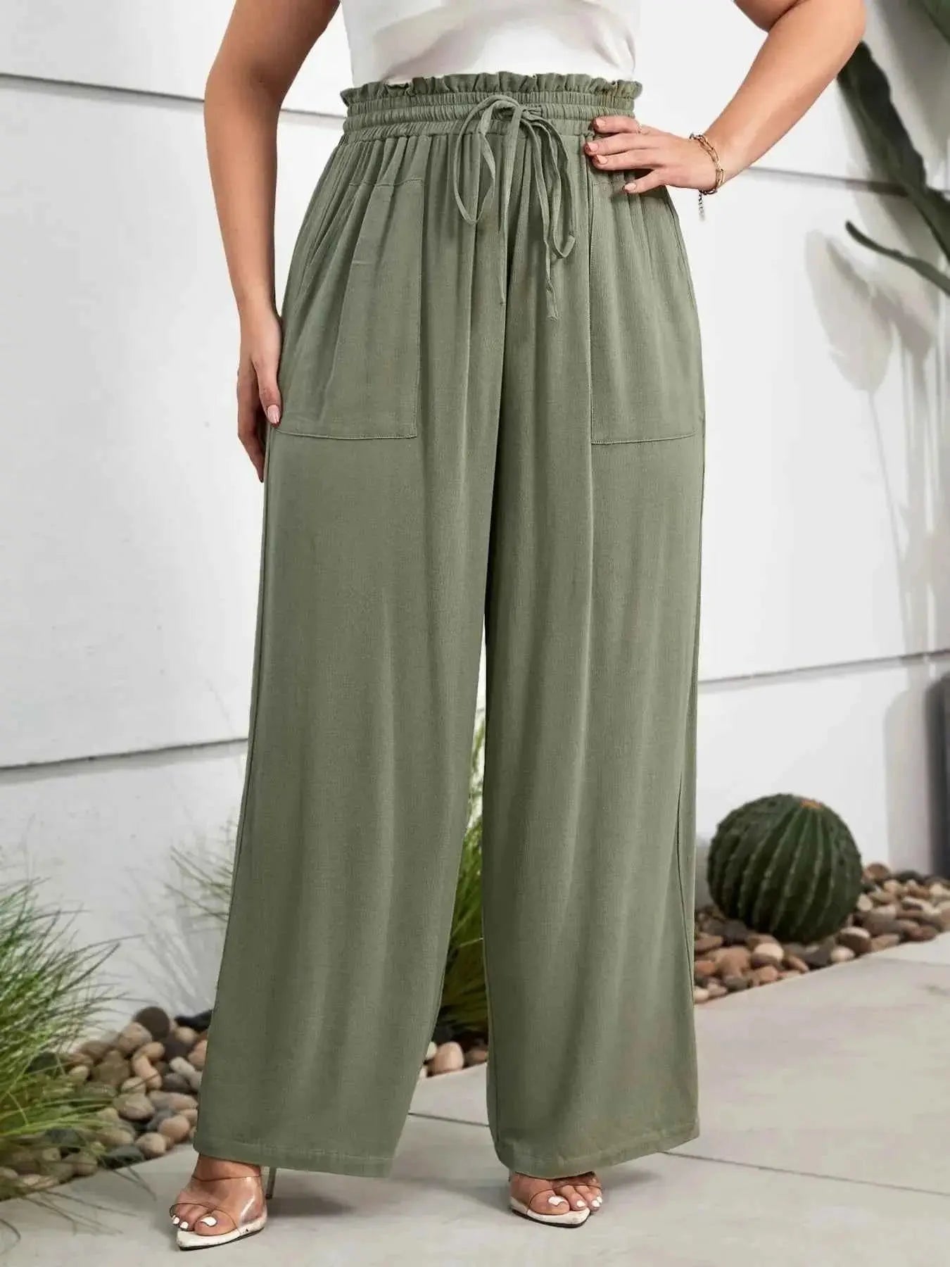 Plus Size High Waist Wide Leg Drawstring Pants