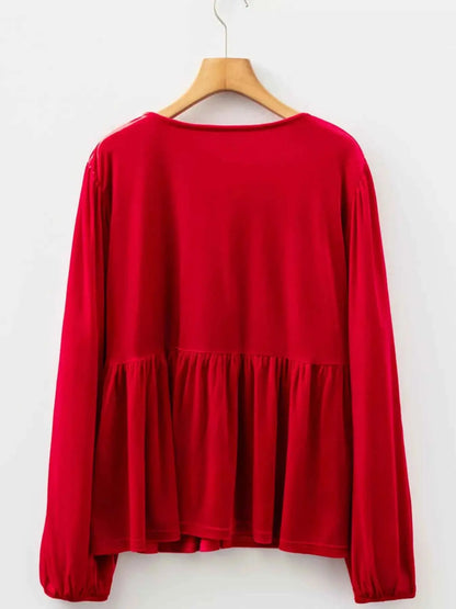 Plus Size Tie Front Velvet Peplum Blouse