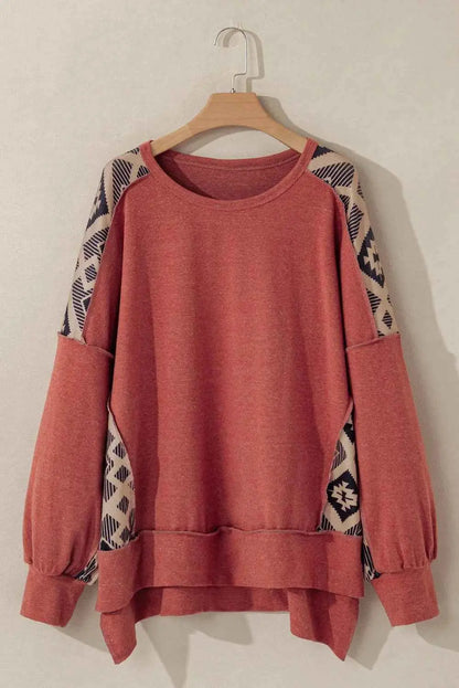 Plus Size Geometric Round Neck Long Sleeve Sweatshirt