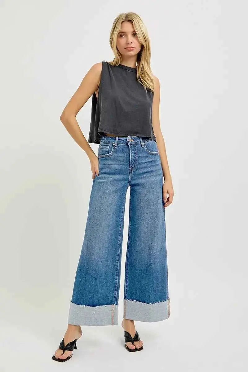 RISEN Full Size Tummy Control High Rise Crop Wide Cuffed Jeans Plus Size